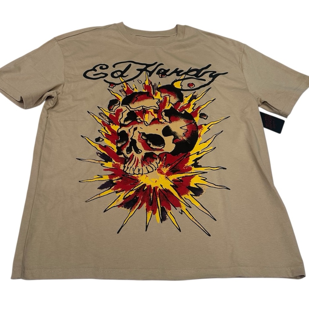 Ed Hardy T-Shir Men's Size M Exploding Skull‎ Tattoo Short Sleeve Khaki NWT
